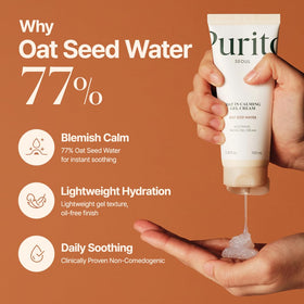 PURITO ingredient label close-up emphasizing oat seed water and soothing actives