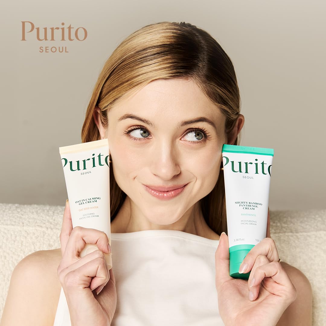 PURITO cream on bathroom shelf staged with sunscreen and cleanser