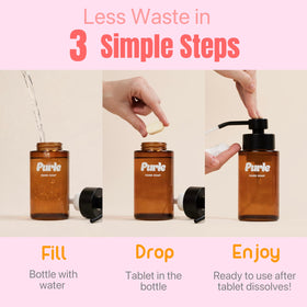 Purle tablet dissolving in dispenser bottle demonstrating ease