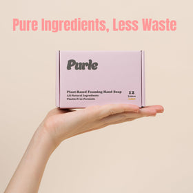 Purle refill in reusable dispenser showing eco-friendly swap