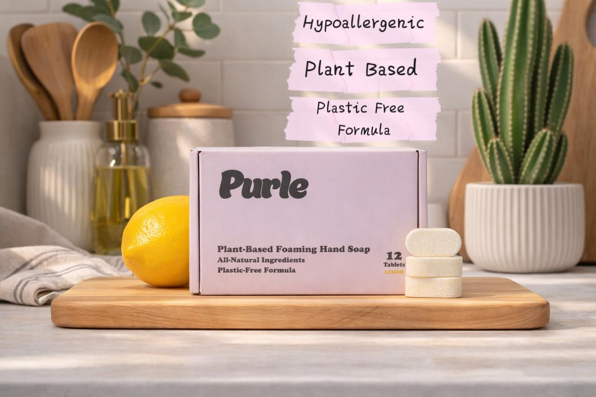 Purle tablet close-up texture and compact plastic-free form