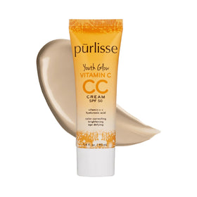 pūrlisse CC cream front tube showing shade Light and SPF50 for daily protection