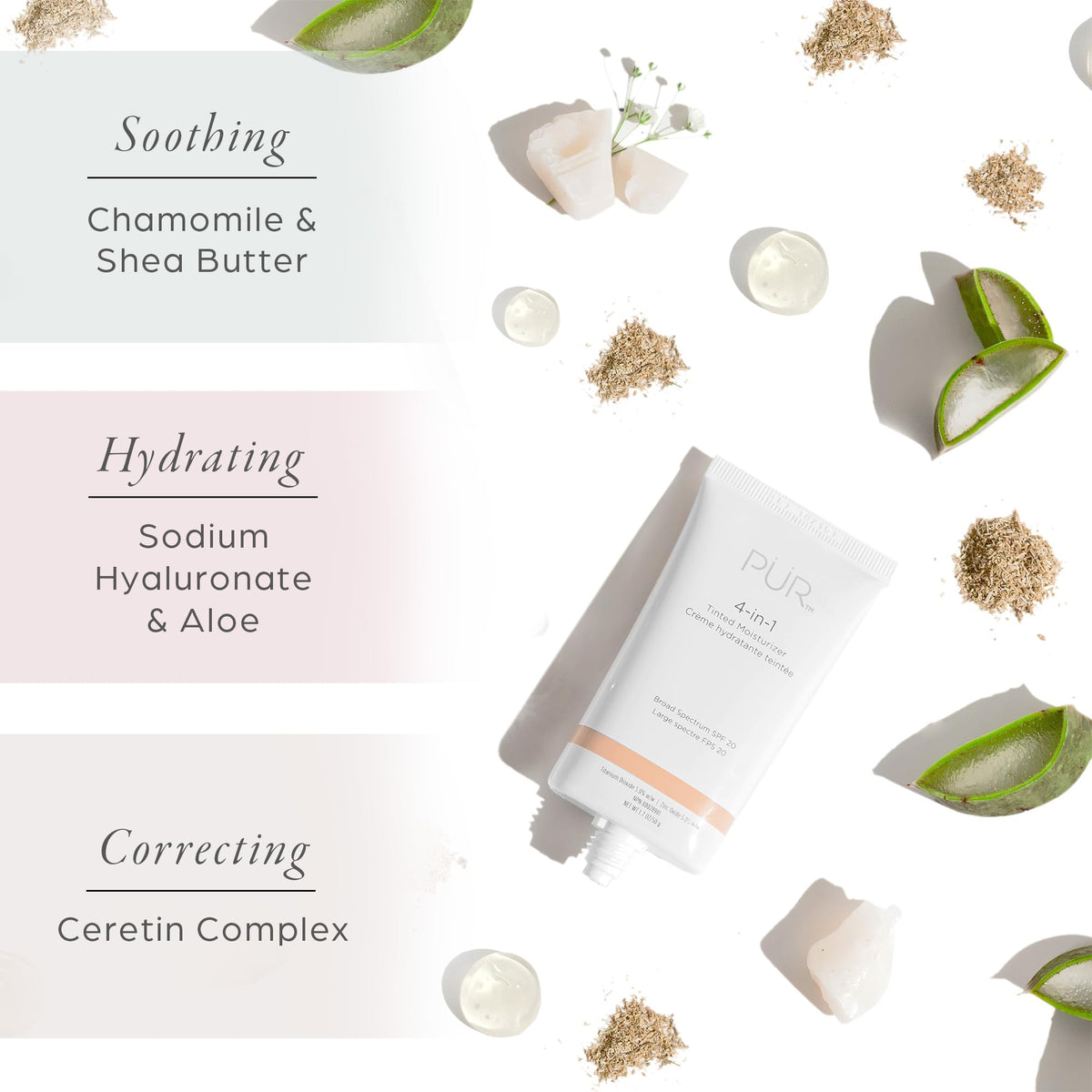 PÜR MINERALS label highlighting ingredients and clean formula benefits