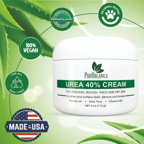 PurOrganica ingredient panel highlighting urea 40% and botanical extracts