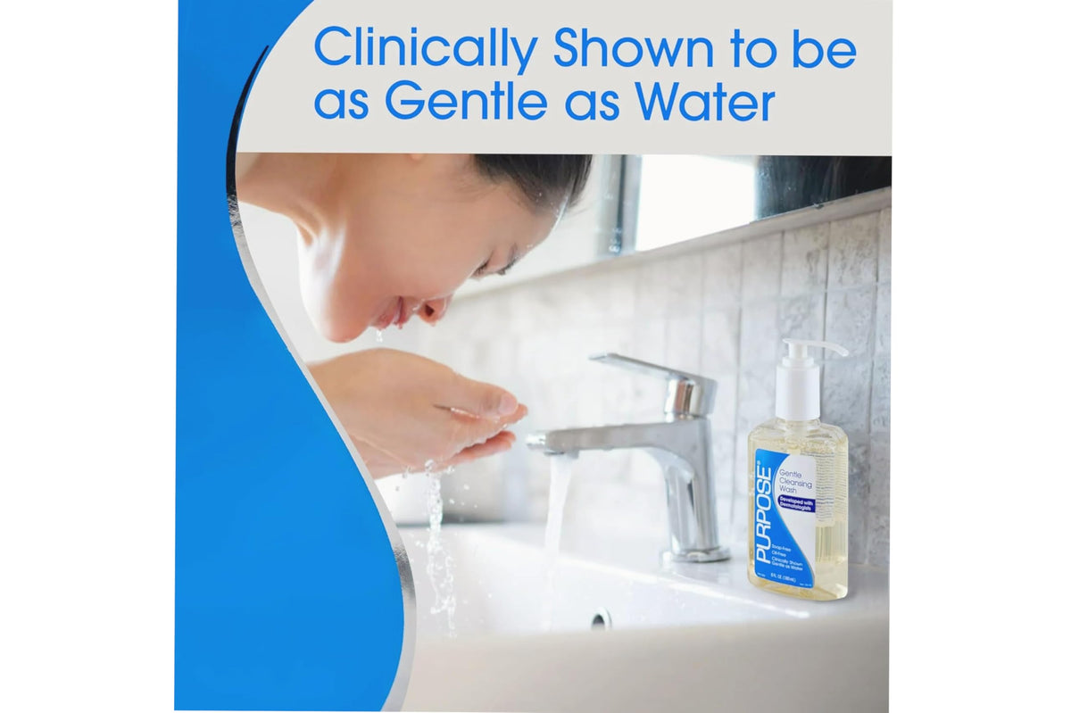 Purpose cleanser on bathroom shelf in lifestyle scene showing daily routine convenience benefit