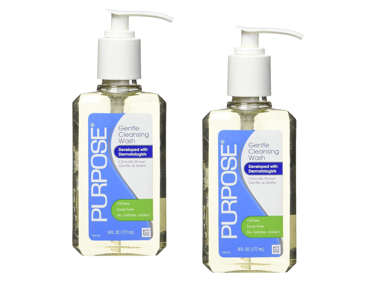 Purpose front bottle showing label and pump for easy, gentle cleansing