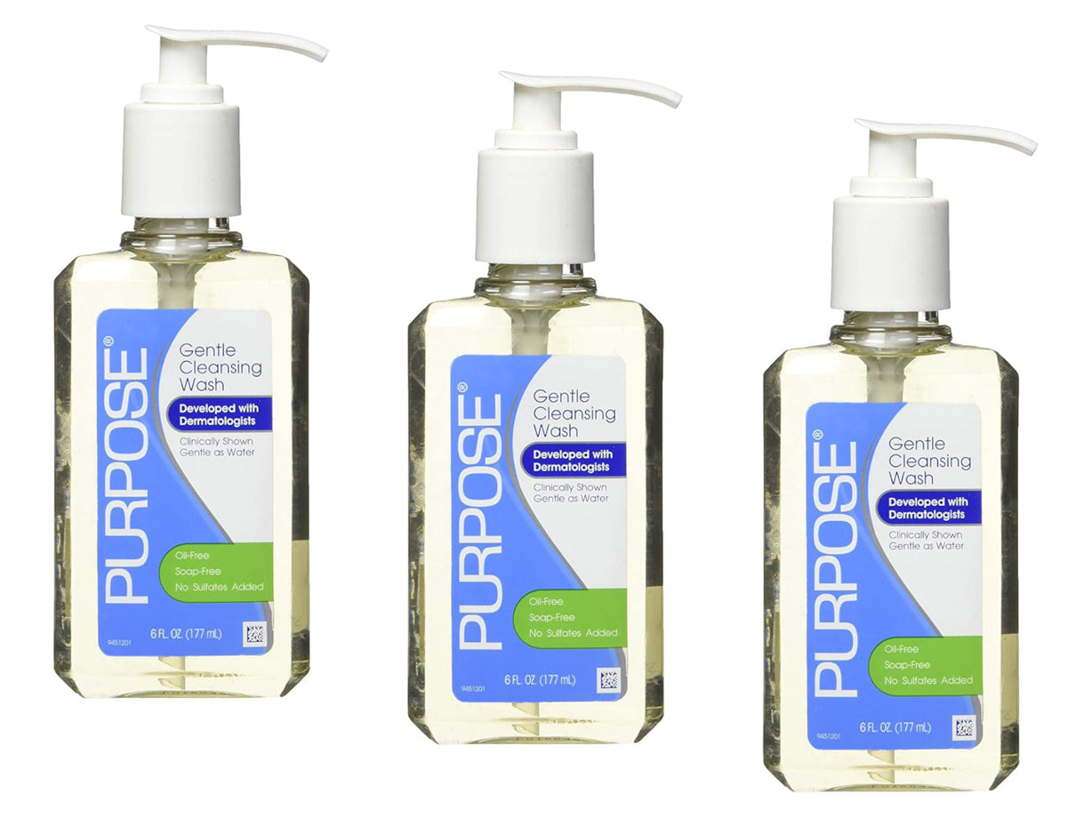Purpose bottle front packaging showing product name and size, gentle cleansing benefit