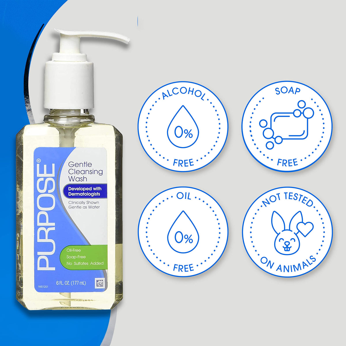 Purpose bottle held in hand showing 6 fl oz size and travel convenience