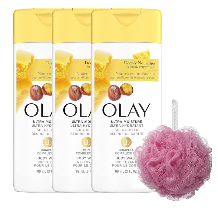 PURPUR Olay travel pouch front view showing three 3 oz bottles and loofah for easy packing