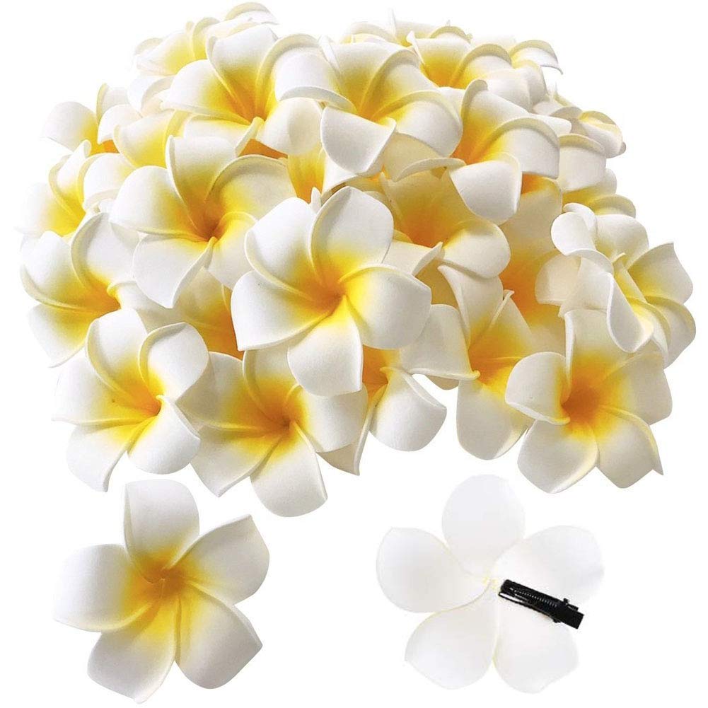 Pursuestar front view pack showing 25 white foam frangipani flowers, ideal for events