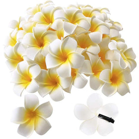 Pursuestar front view pack showing 25 white foam frangipani flowers, ideal for events