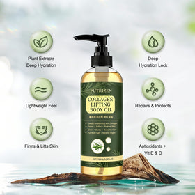 PUTRIZEN applying oil to elbow showing targeted smoothing and hydration benefit
