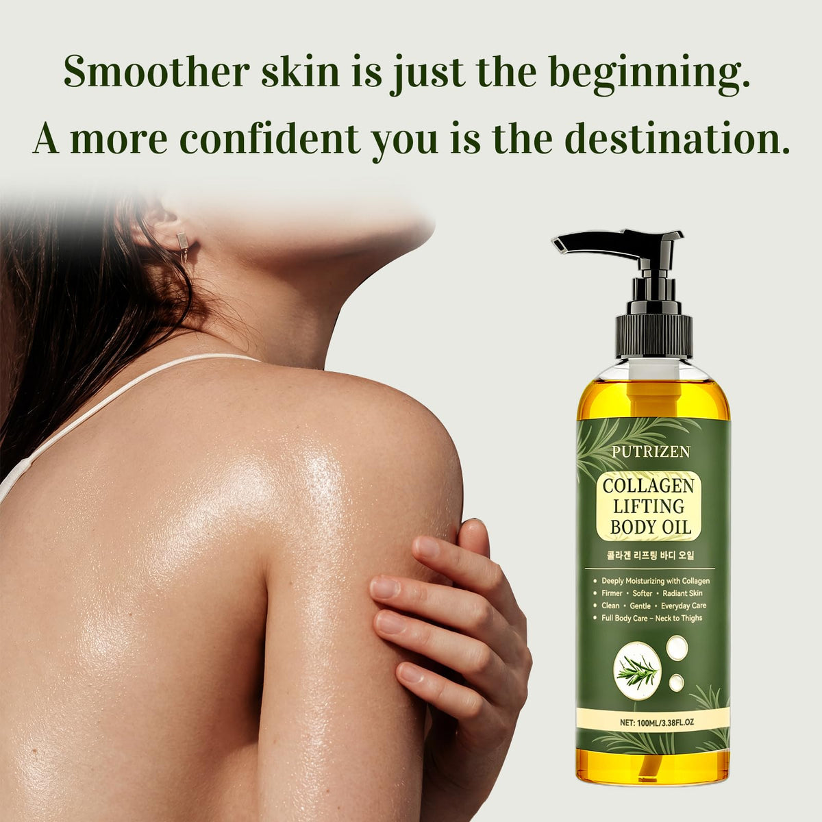 PUTRIZEN bottle on shower shelf showing post-shower routine convenience benefit