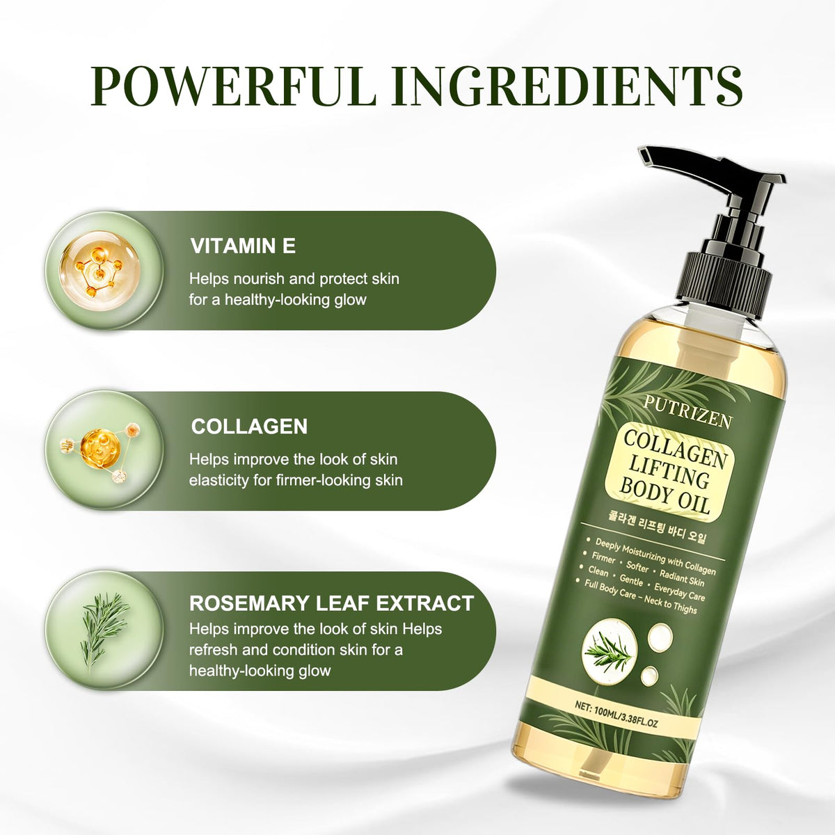 PUTRIZEN oil drop on hand highlighting silky texture and fast absorption benefit