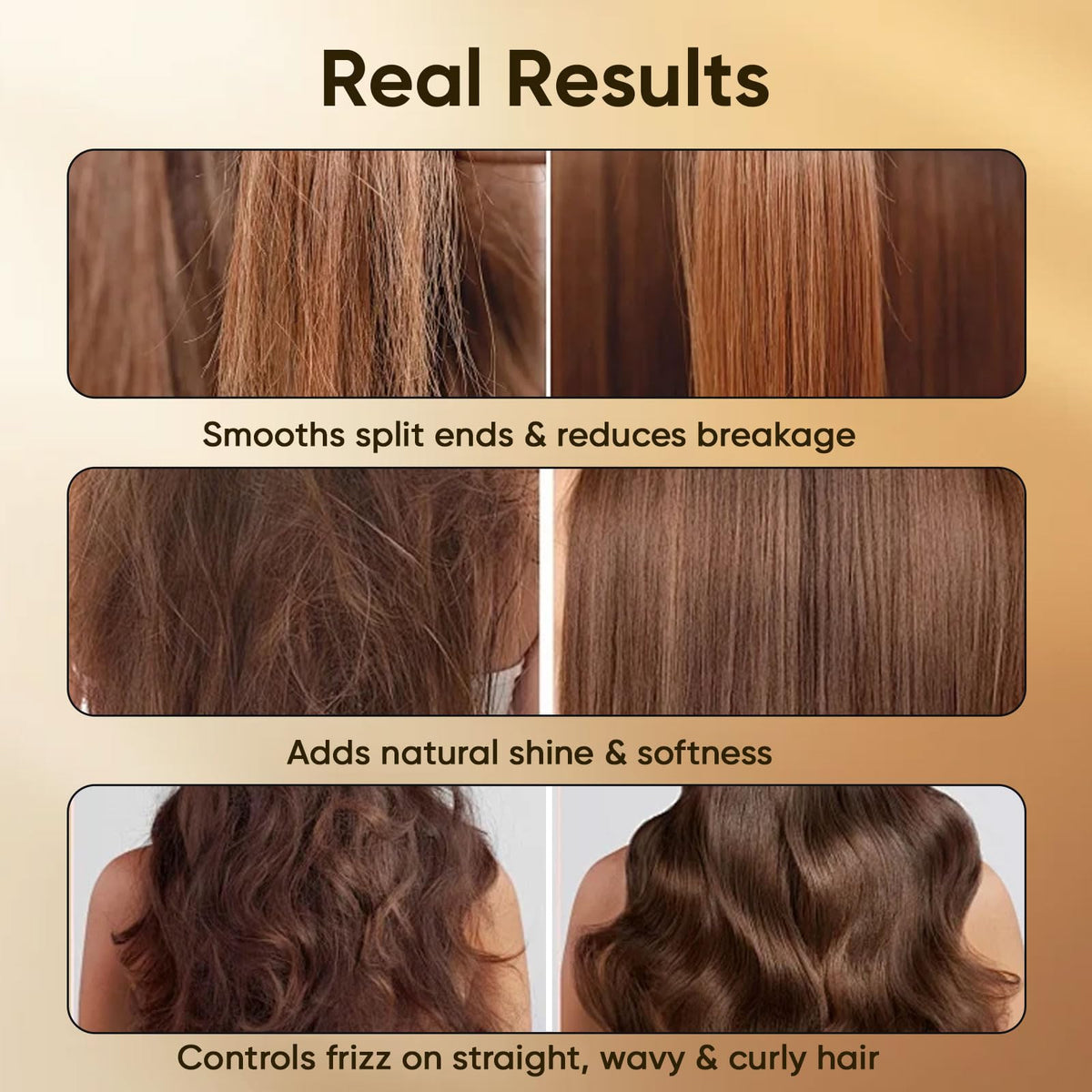 Pwkvsn before-and-after hair strands showing reduced frizz and smoother finish