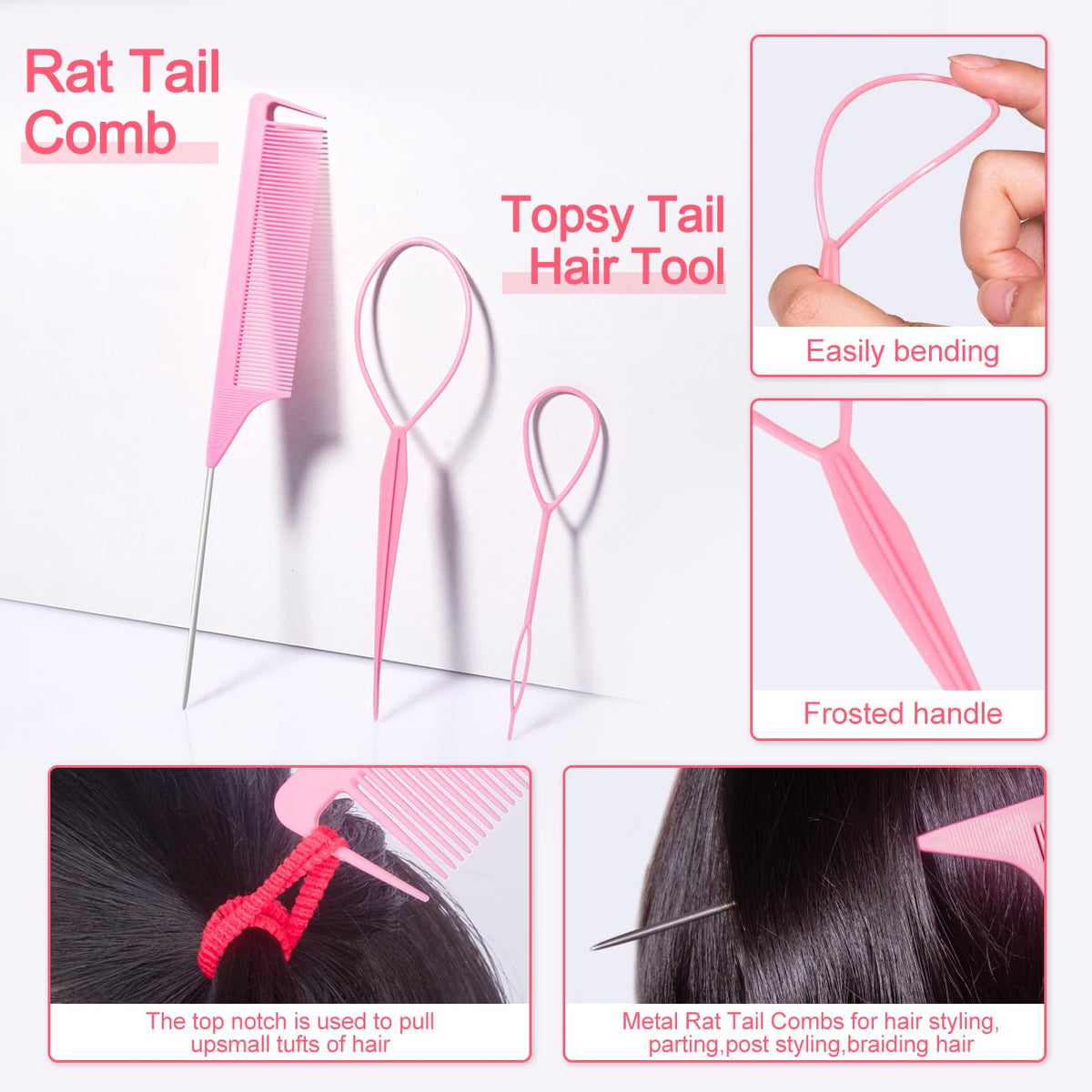 Pydeeirom rat-tail comb topsy tail and clips displayed for styling convenience
