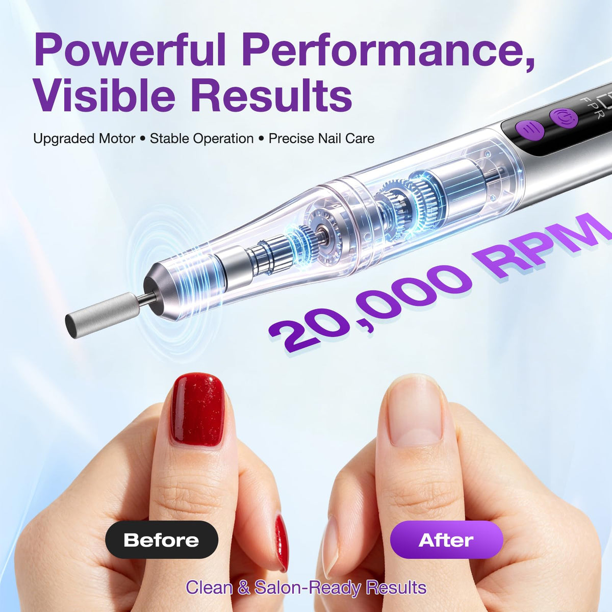 PYRYSA drill in use removing acrylic for efficient salon-quality results