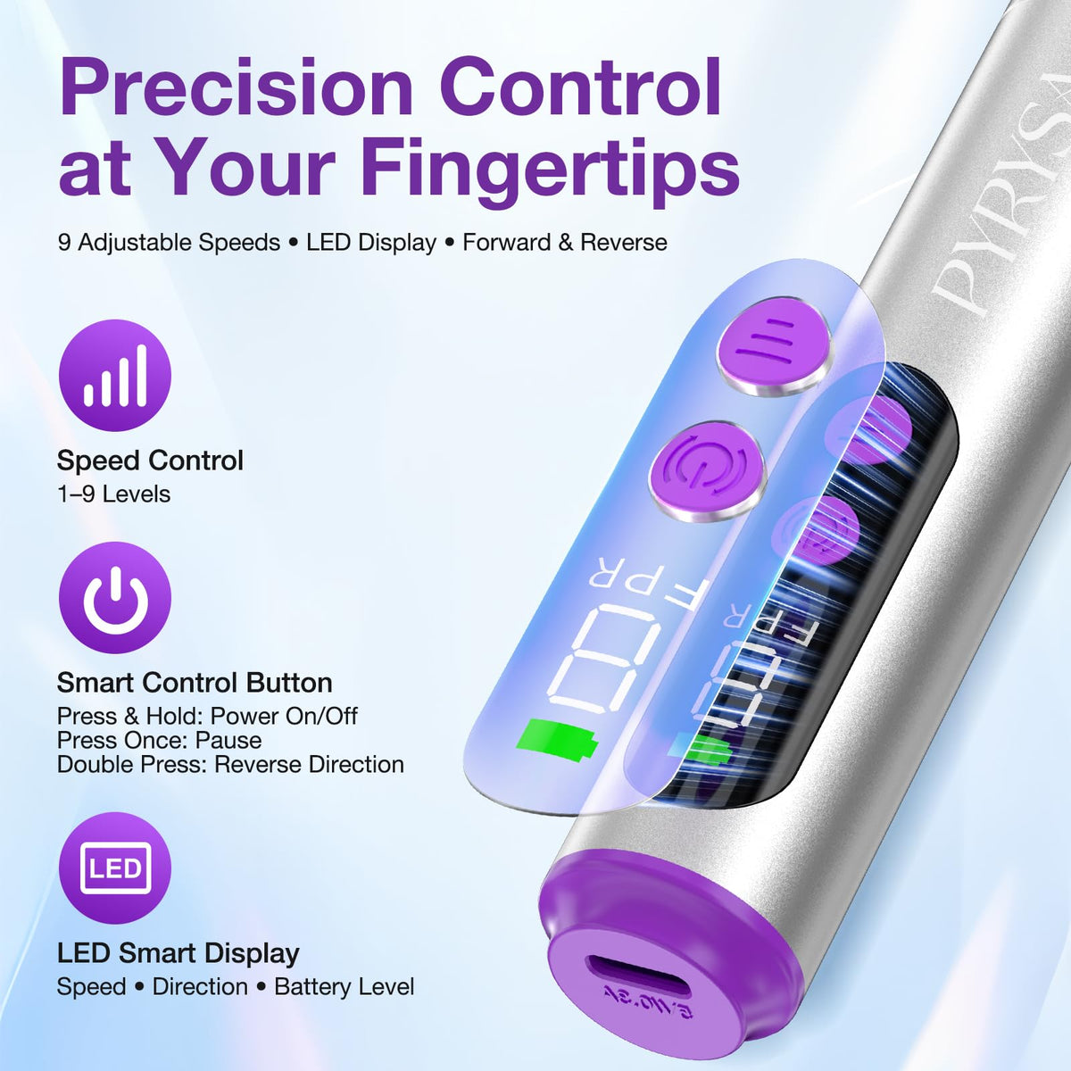 PYRYSA LED display close-up showing speed and battery for precise settings