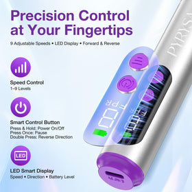 PYRYSA LED display close-up showing speed and battery for precise settings