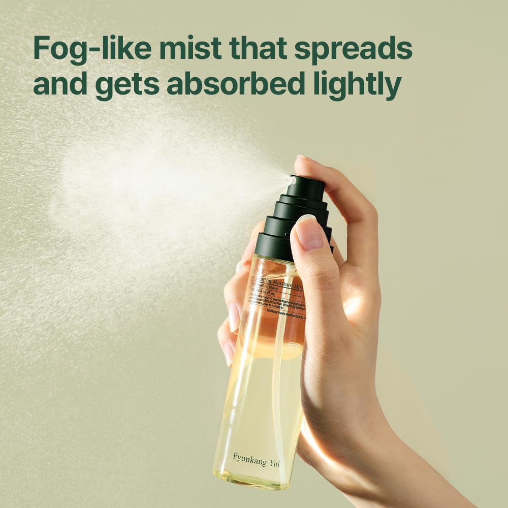 Pyunkang Yul mist ingredients label highlighting AHA PHA and tea tree benefits