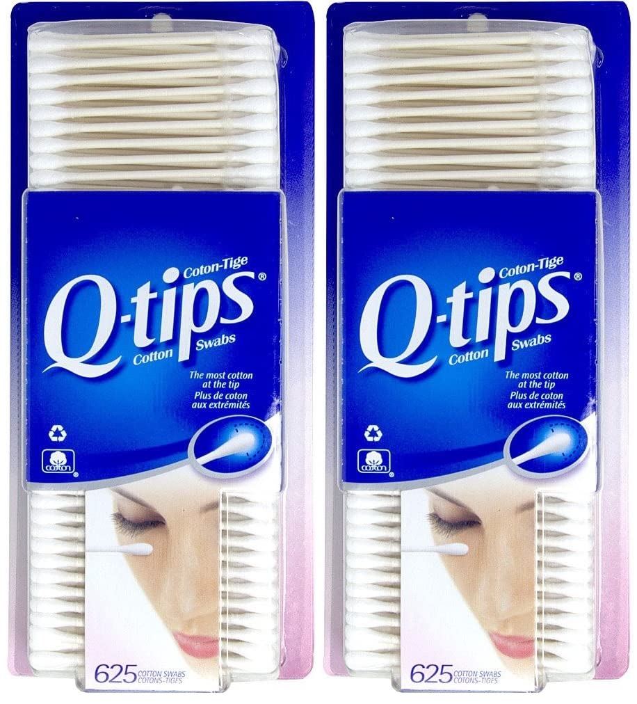 Q-tips front packaging showing double pack and quantity, Q-tips reliable household supply