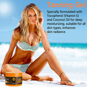Qawnfy gel on beach towel with sunlight illustrating outdoor tanning enhancement
