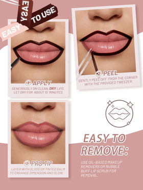 QCMME on model lips, natural matte brown finish and defined edges