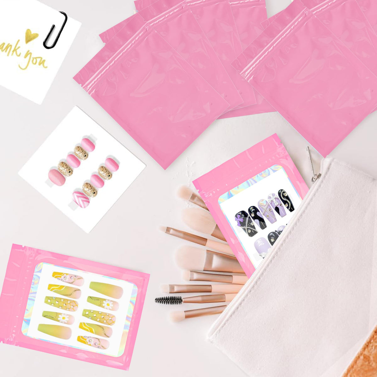 Qenk holographic bags arranged on salon counter showing retail-ready presentation benefit