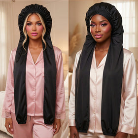 QFGasre bonnet on model with long braids demonstrating ample internal space