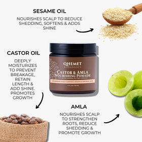 Castor oil and amla botanicals beside product highlighting Qhemet Biologics nourishing ingredients