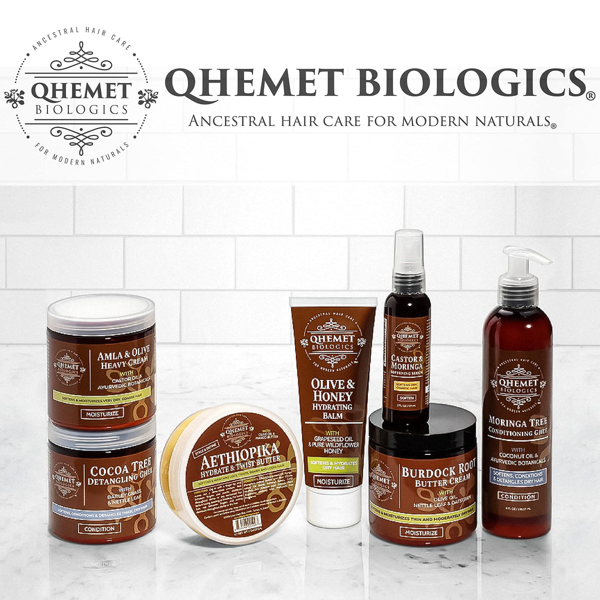 Bathroom shelf lifestyle shot with Qhemet Biologics among hair-care essentials