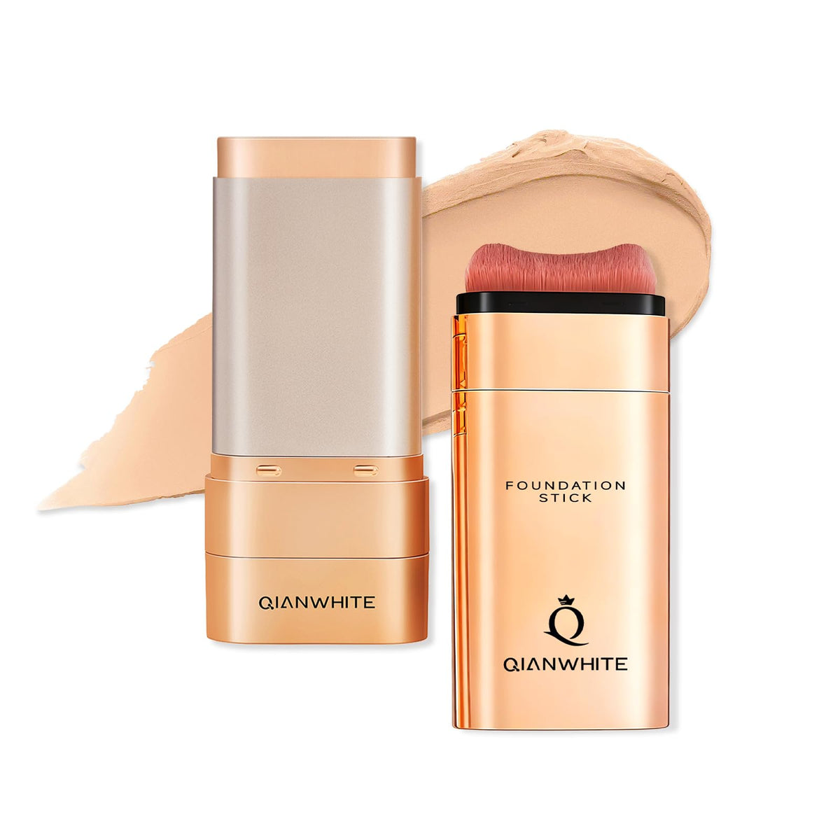 QIANWHITE front packaging showing compact foundation stick, travel-friendly convenience