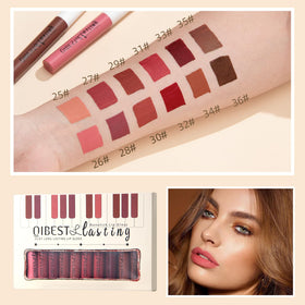 QiBest open box with all 12 liquid lipstick shades visible for selection