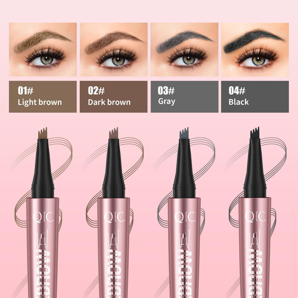 QIC hair-stroke demo on skin showcasing natural-looking brow fill