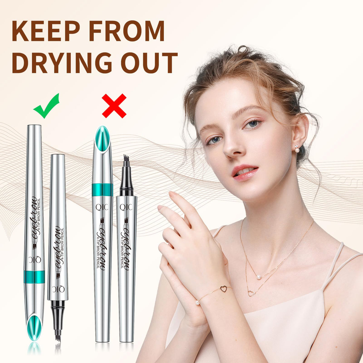 QIC pen in use on model creating fine brow hairs for defined arches