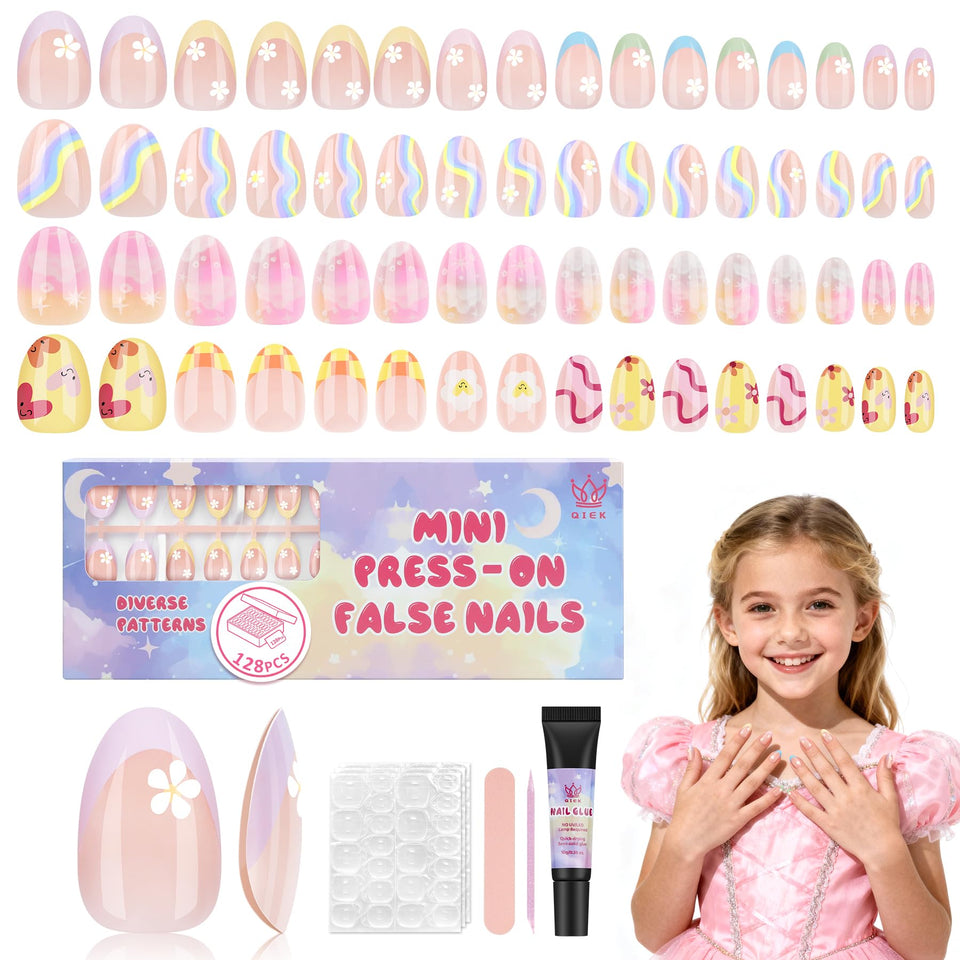 QIEK front box display showing all kit contents and colorful floral nails