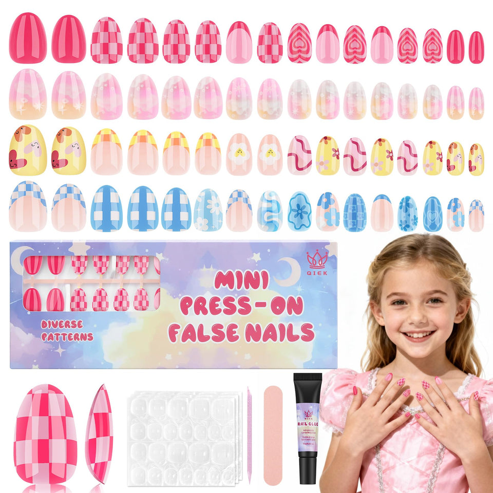 Qiek front box display showing four colorful press-on sets and contents, perfect gift