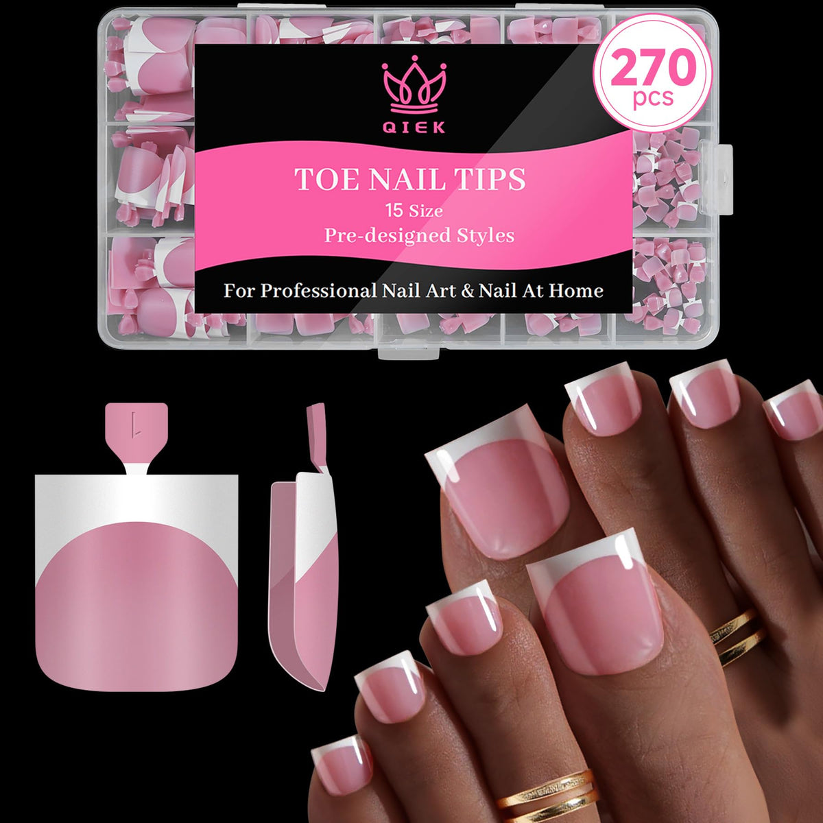 QIEK front packaging showing berry pink set and 270 pieces, ideal for quick pedicures