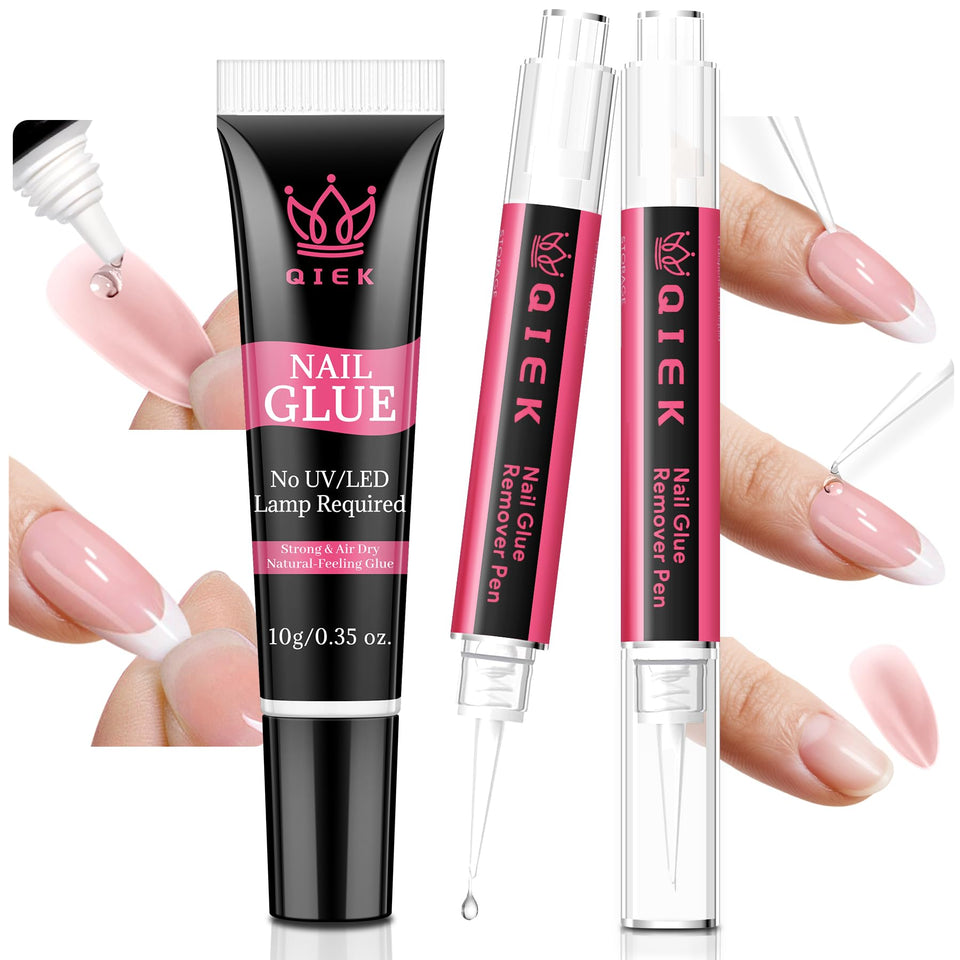 QIEK front packaging kit showing full at‑home glue and remover set benefits