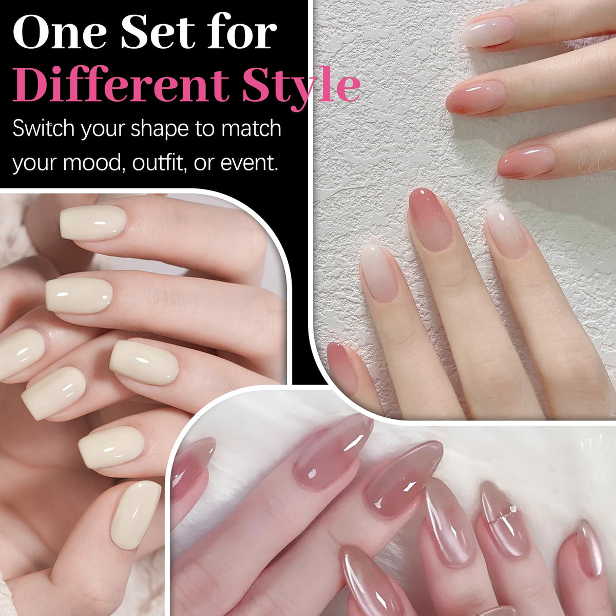 QIEK arranged almond round square tips showing shape options for styling