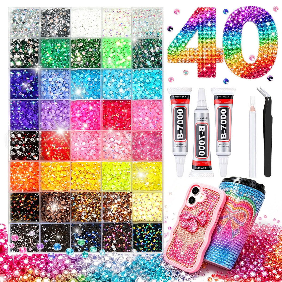 Qifaord open case displaying 40 compartments and colorful gems for easy selection