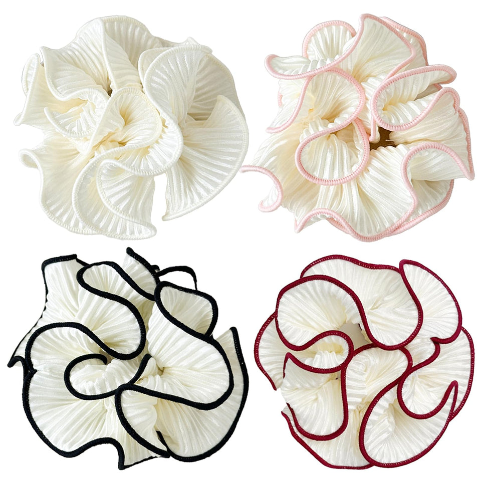 Qigfucm front view showing four oversized white ruffle scrunchies adding volume