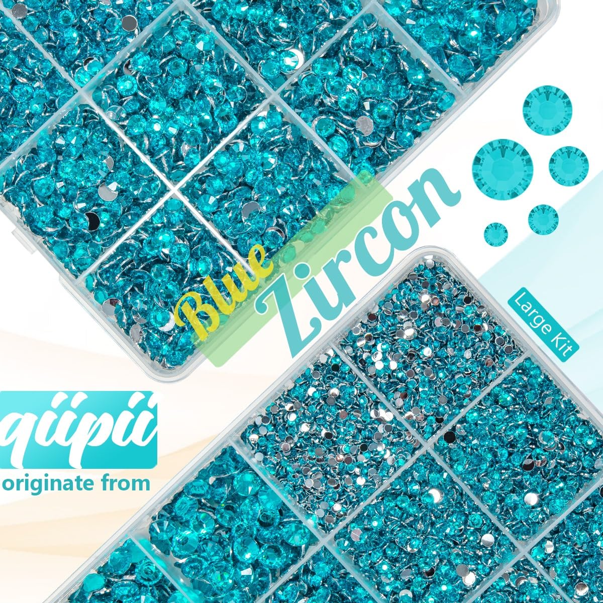 qiipii 24-grid organizer box open with sorted teal blue rhinestone sizes