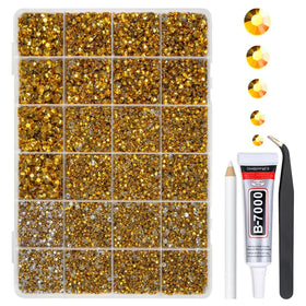 qiipii box front showing organized gold rhinestones and visible grid compartments for easy access