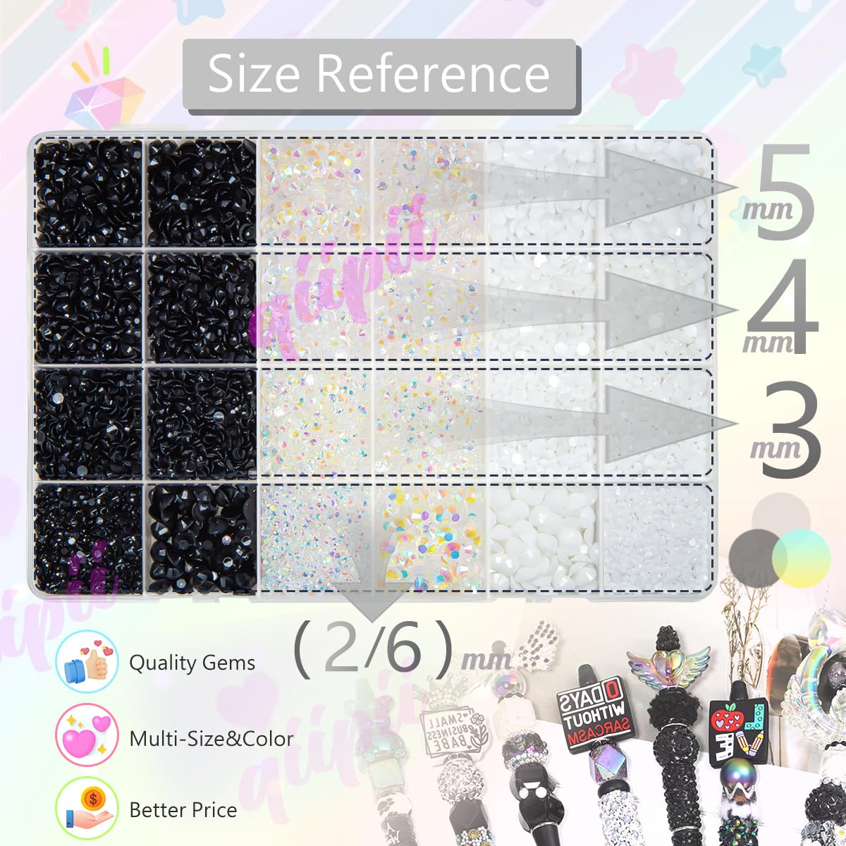 qiipii close-up of black white and AB gems showing glossy texture