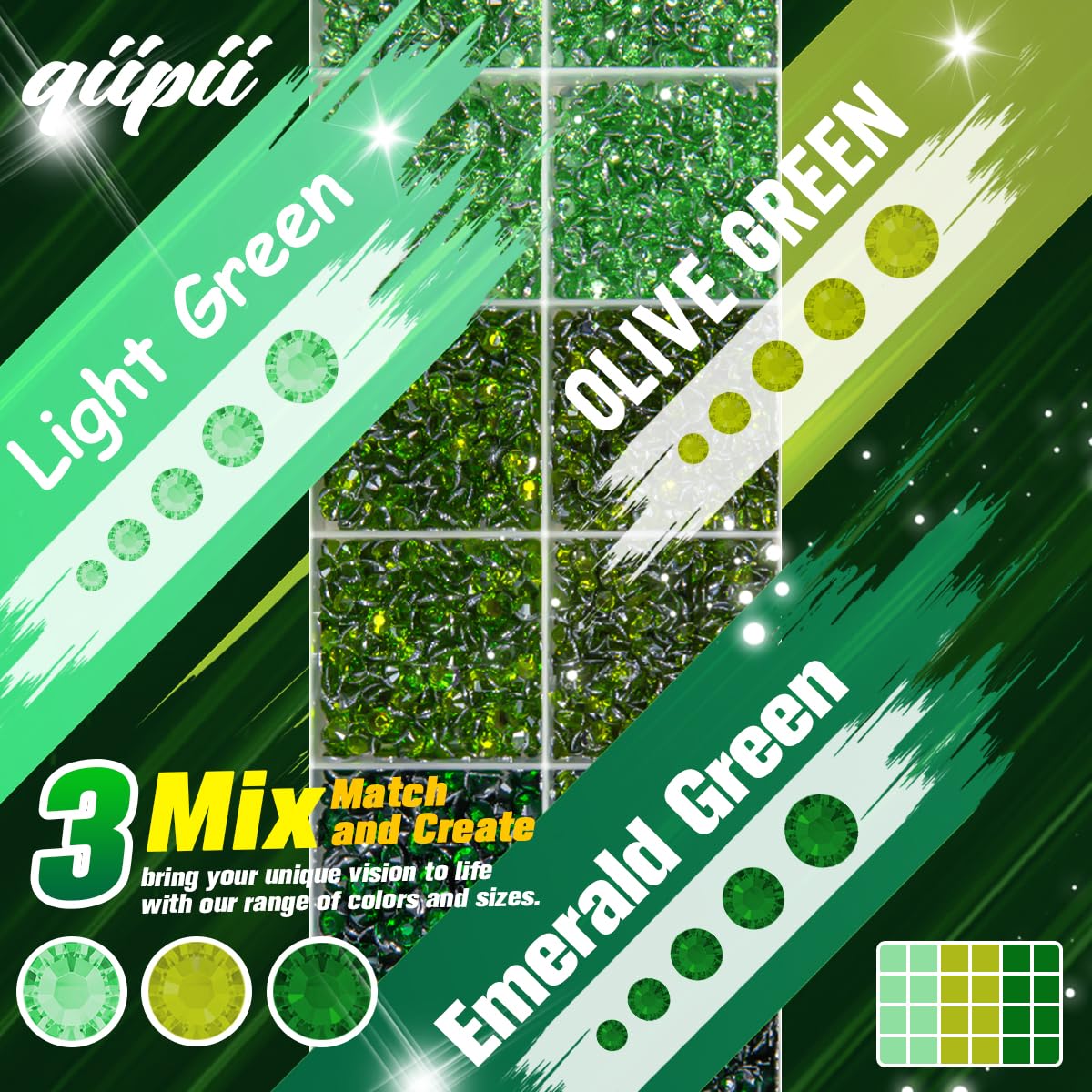 qiipii open compartment box with separated green rhinestones for quick selection