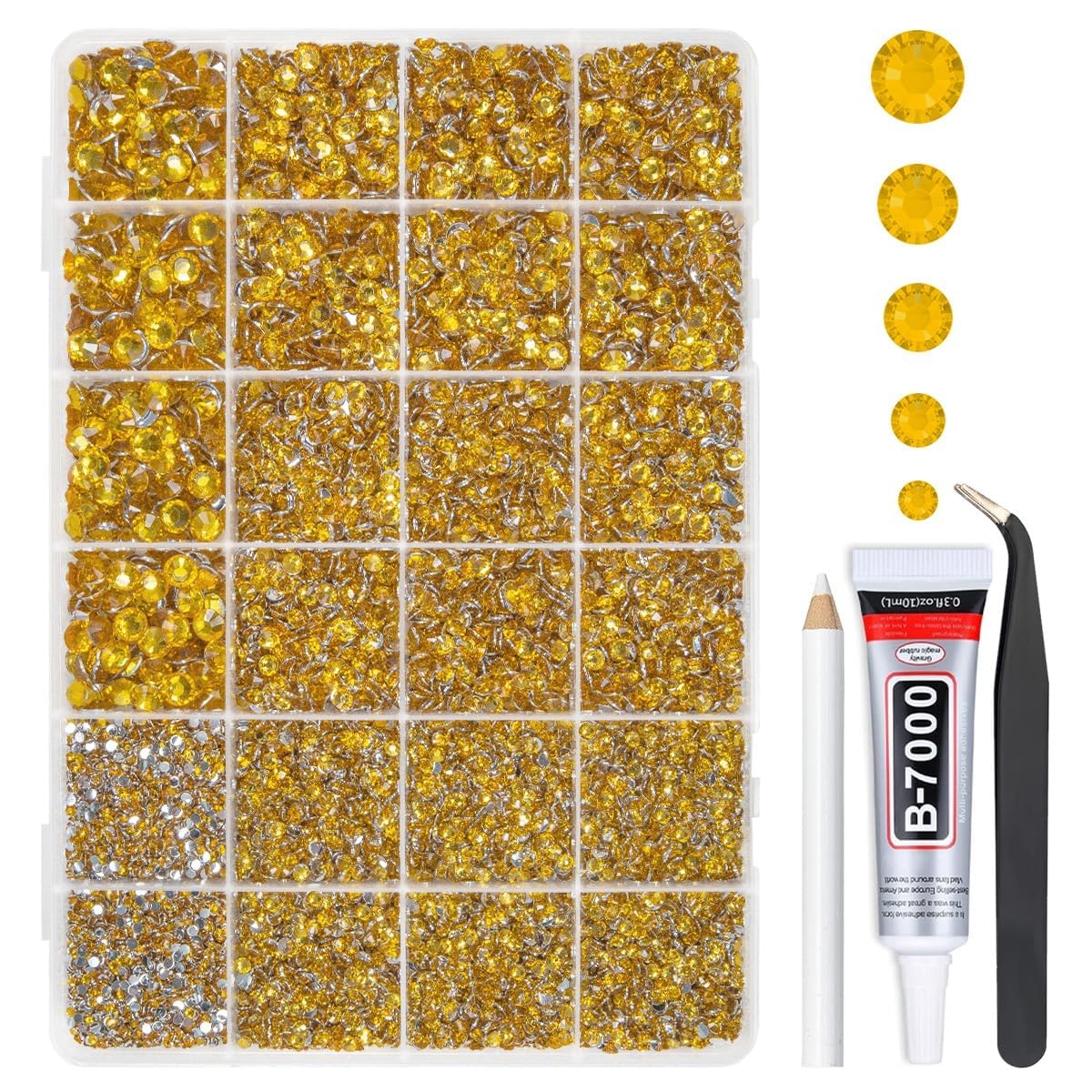 qiipii front box open showing organized golden yellow rhinestones and included glue for easy crafting