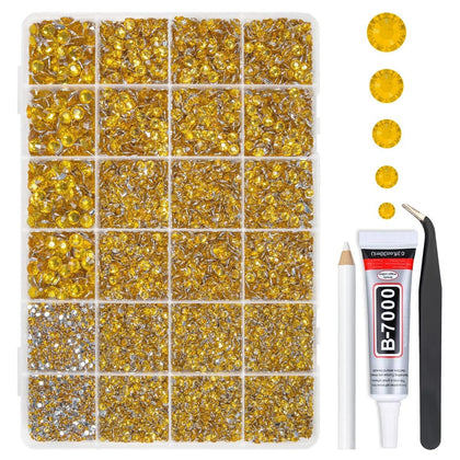 qiipii front box open showing organized golden yellow rhinestones and included glue for easy crafting