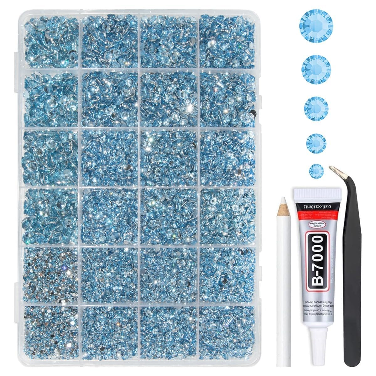 qiipii open box showing 24-grid light blue rhinestones, easy organization