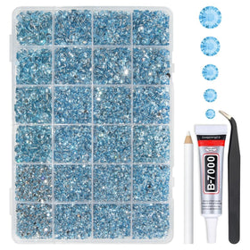 qiipii open box showing 24-grid light blue rhinestones, easy organization